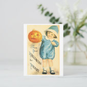 古いファッションドハロウィーン、カボチャを保持する女の子 ポストカード (スタンド正面)