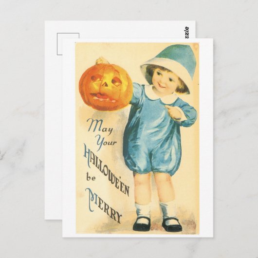 古いファッションドハロウィーン、カボチャを保持する女の子 ポストカード (正面/裏面)