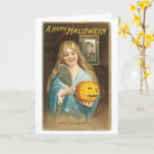 古いファッションドハロウィーン、手で女の子の鏡 カード (黄色い花)