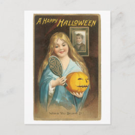 古いファッションドハロウィーン、手で女の子の鏡 ポストカード