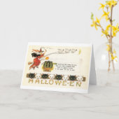 古いファッションドハロウィーン、魔女と猫 カード (黄色い花)