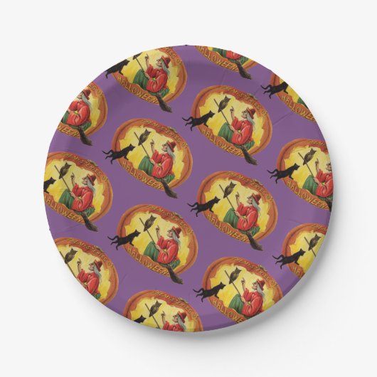 古いファッションドハロウィーン、魔女、黒猫とフクロウ ペーパープレート (正面)