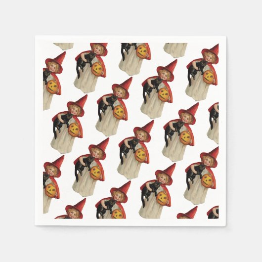 古いファッションドハロウィーン、黒猫と魔女の少女 スタンダードカクテルナプキン (正面)