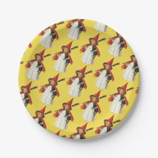 古いファッションドハロウィーン、黒猫と魔女の少女 ペーパープレート