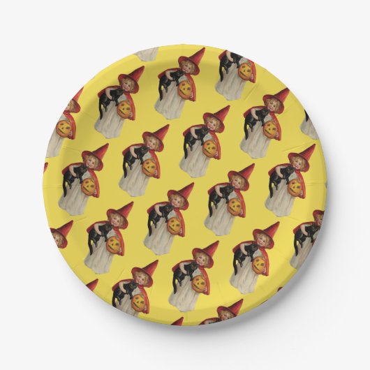 古いファッションドハロウィーン、黒猫と魔女の少女 ペーパープレート (正面)