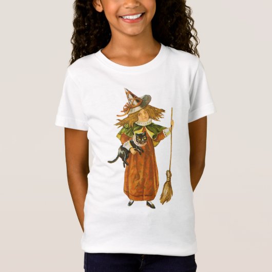 古いファッションドハロウィーン、黒猫と魔女の少女 Tシャツ (正面)
