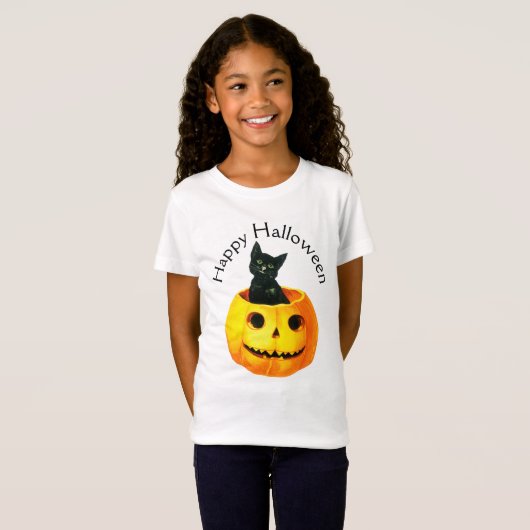 古いファッションドハロウィーン、黒猫のカボチャ Tシャツ (正面フル)