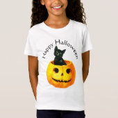古いファッションドハロウィーン、黒猫のカボチャ Tシャツ (正面)