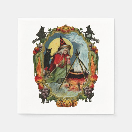 古いファッションドハロウィーン、黒猫の魔女 スタンダードカクテルナプキン (正面)