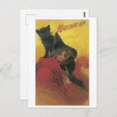 古いファッションドハロウィーン、黒猫の魔女 ポストカード (正面/裏面)