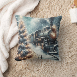古いファッションド列車とヴィンテージの冬のシーン クッション