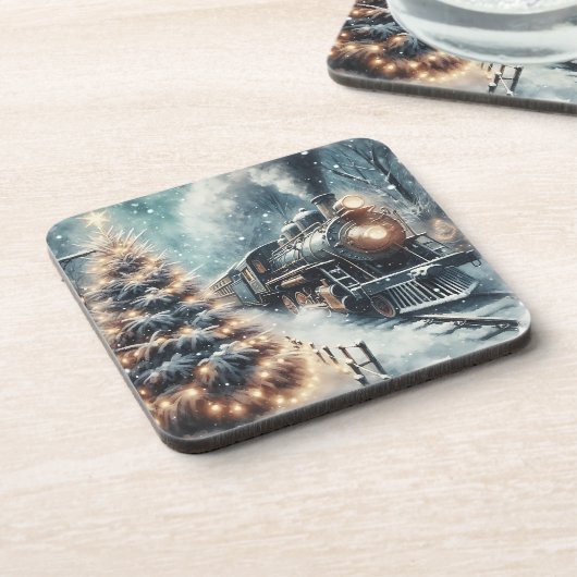 古いファッションド列車とヴィンテージの冬のシーン コースター (左側)