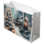古いファッションド列車とヴィンテージの冬のシーン ラージペーパーバッグ (裏面アングル)