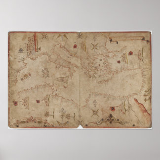 古いファッションド海地中海のの地図 ポスター