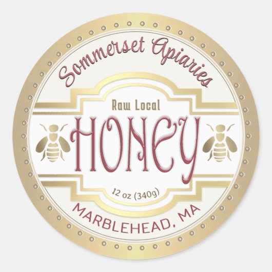古いファッションド蜂蜜ラベルミツバチと金ゴールド縁ど ラウンドシール (正面)