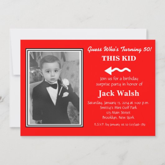 古いフォトサプライズバースデーパーティ招待状 招待状 (正面)