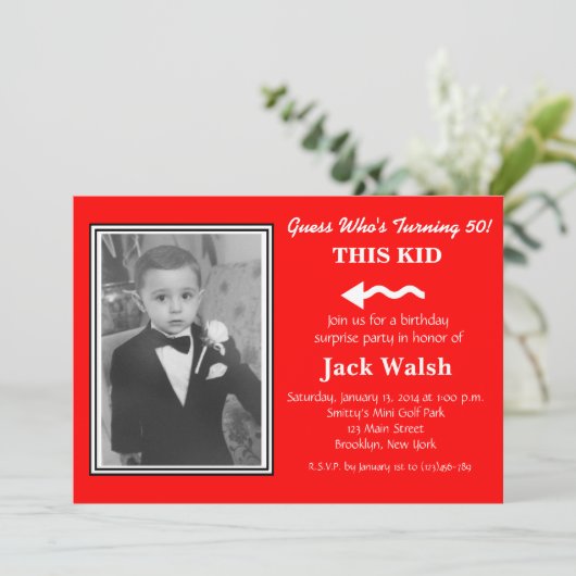 古いフォトサプライズバースデーパーティ招待状 招待状 (スタンド正面)