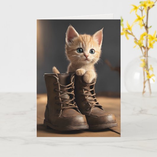 古いブーツの子猫 カード (黄色い花)