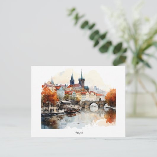 古いプラハの水彩画絵を描葉書 ポストカード (スタンド正面)