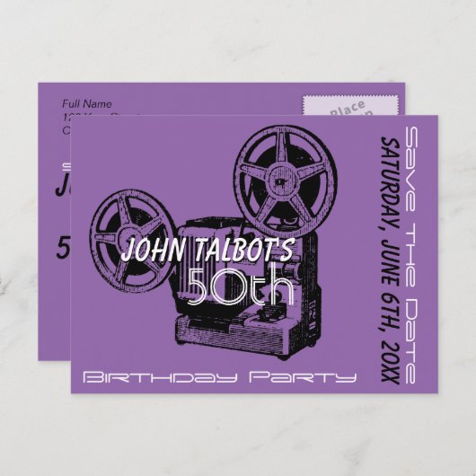 古いプロジェクター50th誕生日パーティー日付を保存 案内ポストカード (正面/裏面)