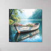 古いボートの中のピンク色のゲラニウム キャンバスプリント (正面)