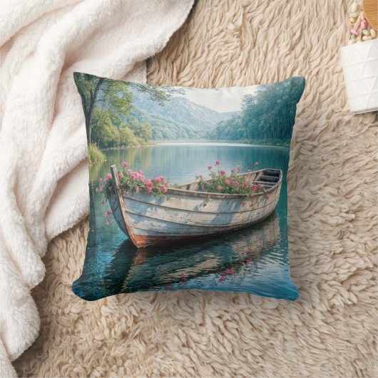 古いボートの中のピンク色のゲラニウム クッション (ブランケット)