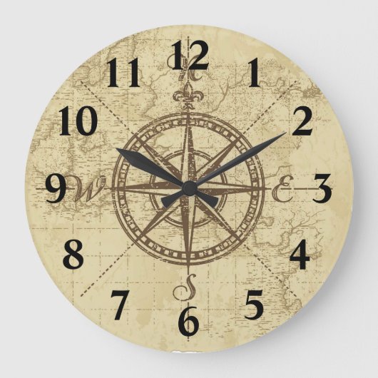 古いマップコンパス ラージ壁時計 (正面)