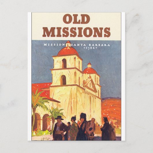 古いミッションサンタバーバラヴィンテージ旅行ポスター ポストカード (正面)