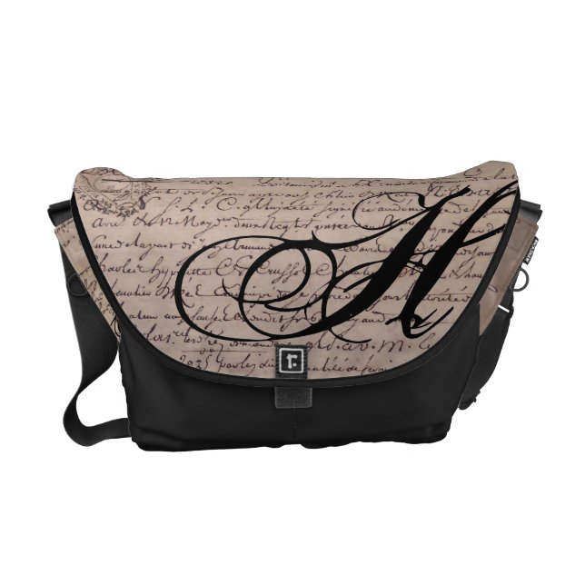古いモノグラムの文書フランスのヴィンテージ文書 メッセンジャーバッグ (正面)