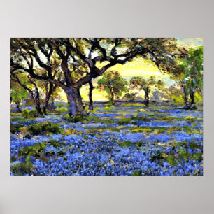 古いライブオークの木とブルーボンネット – Onderdonk art ポスター