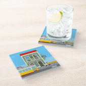 古いリスボンの家に猫と黄色のトラム ガラスコースター (アングル)