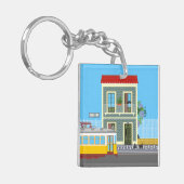 古いリスボンの家に猫と黄色のトラム キーホルダー (正面左)