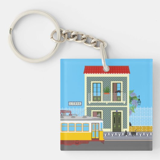古いリスボンの家に猫と黄色のトラム キーホルダー (正面)