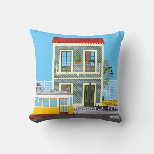 古いリスボンの家に猫と黄色のトラム クッション (正面)