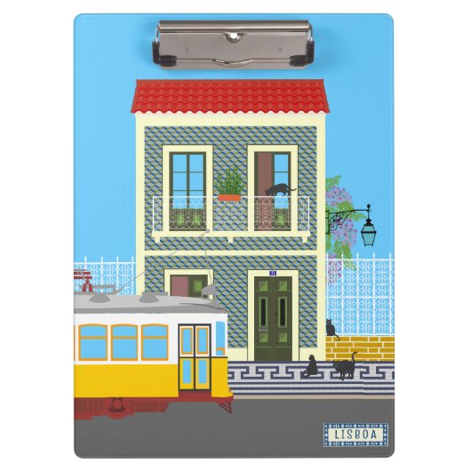 古いリスボンの家に猫と黄色のトラム クリップボード (正面)
