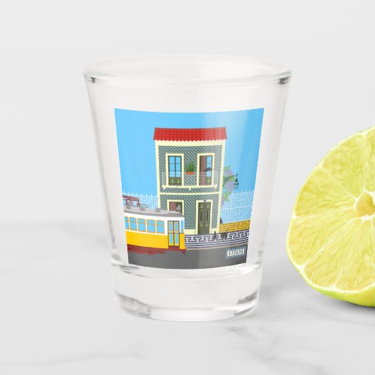 古いリスボンの家に猫と黄色のトラム ショットグラス (正面)