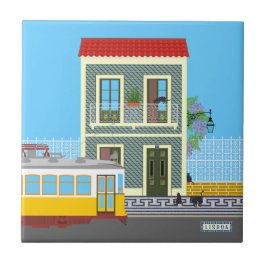 古いリスボンの家に猫と黄色のトラム タイル