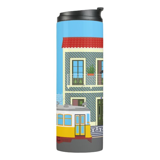 古いリスボンの家に猫と黄色のトラム タンブラー (回転左)