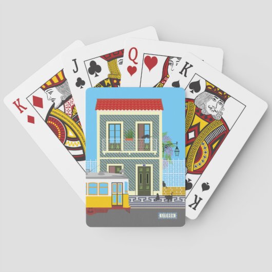 古いリスボンの家に猫と黄色のトラム トランプ (裏面)