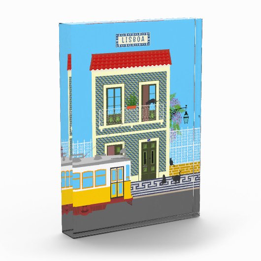 古いリスボンの家に猫と黄色のトラム フォトブロック (左)