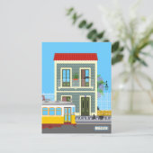 古いリスボンの家に猫と黄色のトラム ポストカード (スタンド正面)