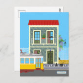 古いリスボンの家に猫と黄色のトラム ポストカード (正面/裏面)