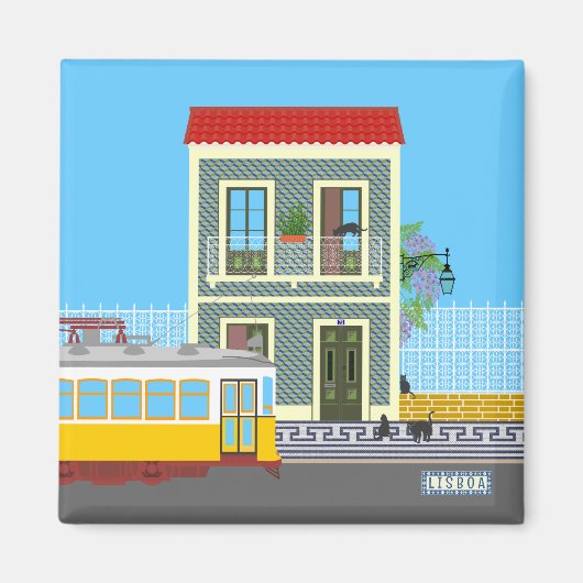 古いリスボンの家に猫と黄色のトラム マグネット (正面)