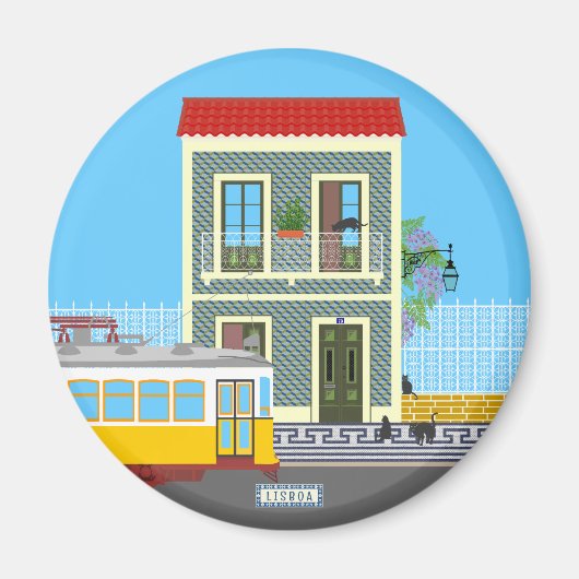 古いリスボンの家に猫と黄色のトラム マグネット (正面)