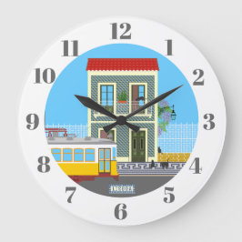 古いリスボンの家に猫と黄色のトラム ラージ壁時計