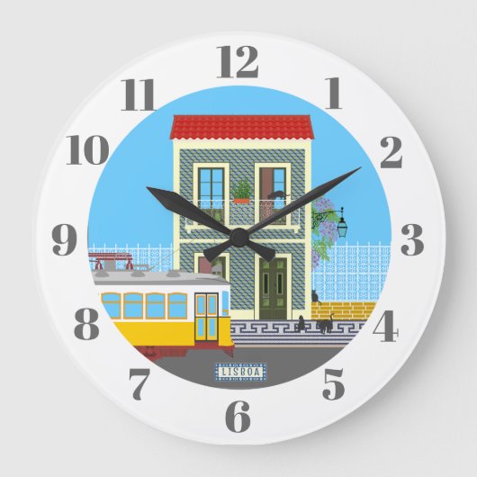 古いリスボンの家に猫と黄色のトラム ラージ壁時計 (正面)