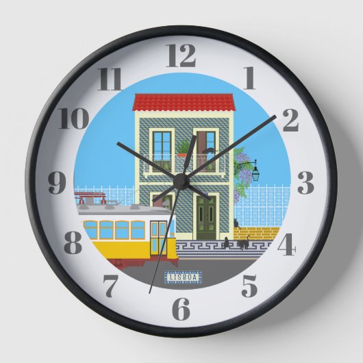古いリスボンの家に猫と黄色のトラム 壁時計 (正面)