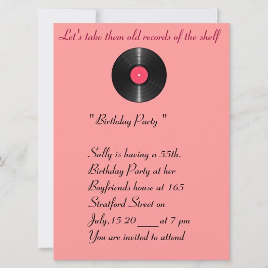 古いレコードの誕生日の招待。 招待状 (正面)