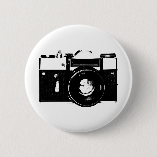 古いレトロの白黒SLRのカメラ 缶バッジ (正面)