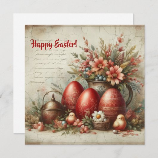 古いレトロファッションドな赤いイースターエッグ春の花 シーズンカード (正面/裏面)